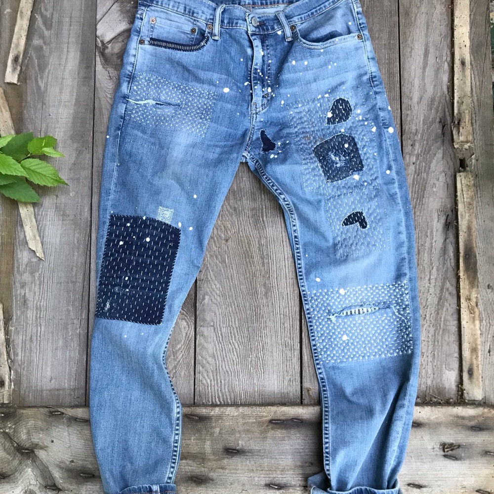 Hand stitched sashiko repaired jeans